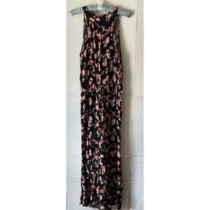 Band of Gypsies Floral Halter Jumpsuit Black Pink Medium Wide Leg Viscose Boho